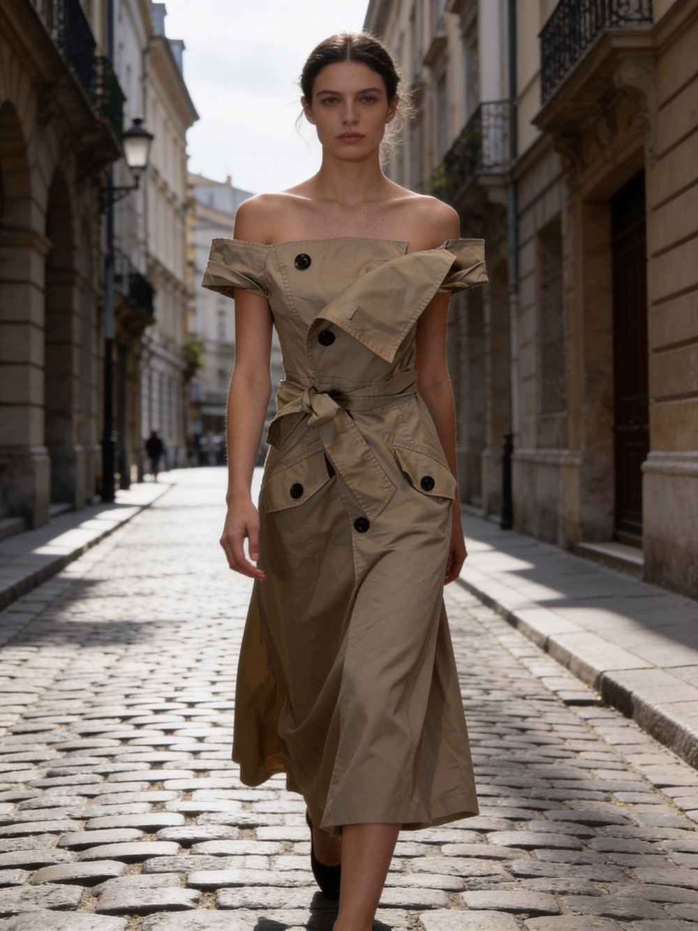 Marissa Webb Off-Shoulder Trench Midi Dress in Khaki